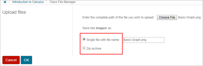 In the Upload files pane of the Class File Manager, there are two radio buttons on the right.